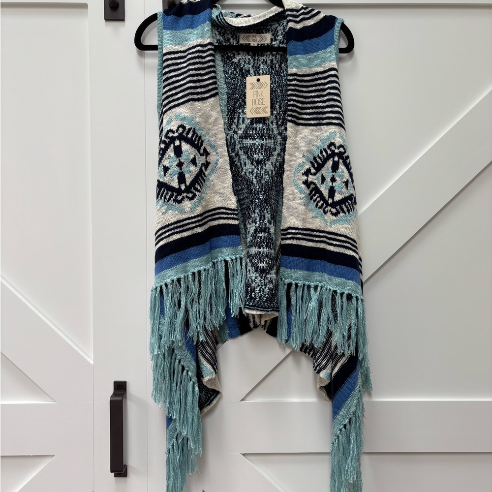 Pink Rose Striped Fringe Vest in Blue and Cream